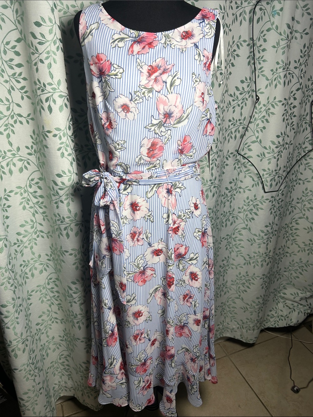 Sandra Darren Light Blue Striped Midi Dress with Pink Floral Print